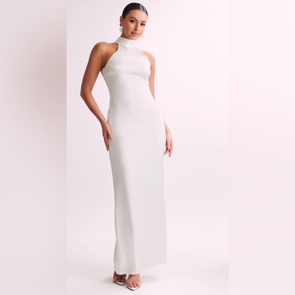 CLAIRE
Satin Drape Back Maxi Dress with Split - White